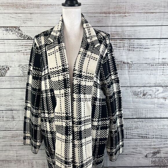Chaps Duster Long Cardigan Sweater Plus size 2X Black Ivory Plaid Stretch Preppy - Picture 3 of 14